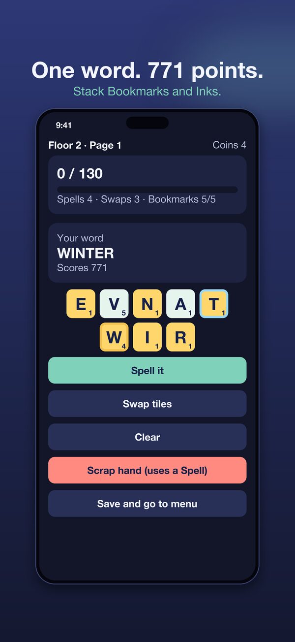 Mockup: one word scoring a big combo with Bookmarks