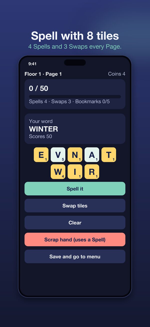 Mockup: spell with 8 tiles, 4 Spells and 3 Swaps