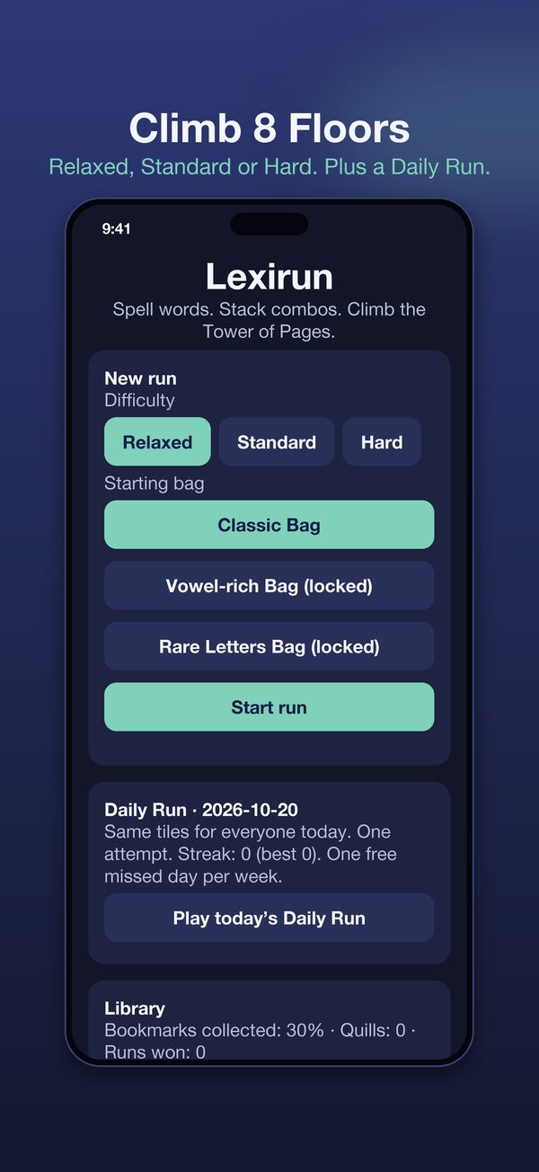 Mockup: the home screen with difficulties and the Daily Run