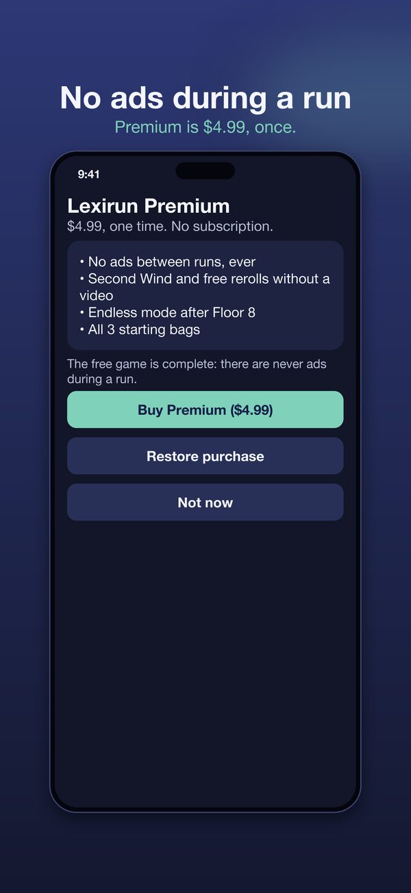 Mockup: the Premium screen, $4.99 once