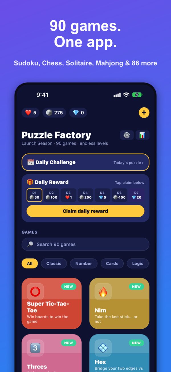 The hub: Daily Challenge, Daily Reward and the games list